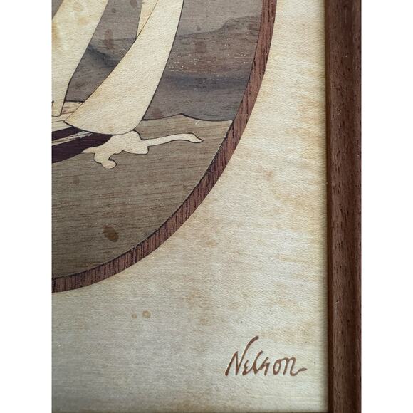 Hand Crafted Wood Inlay Sailboat Wall Hanging Art by Nelson Vintage - Picture 8 of 10